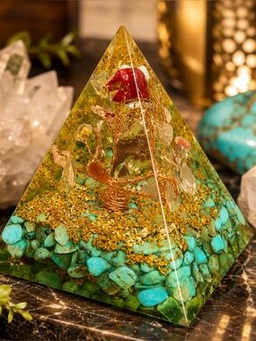 Tree of Life Orgonite Pyramid: Turquoise, Quartz, Copper & Gold Leaf